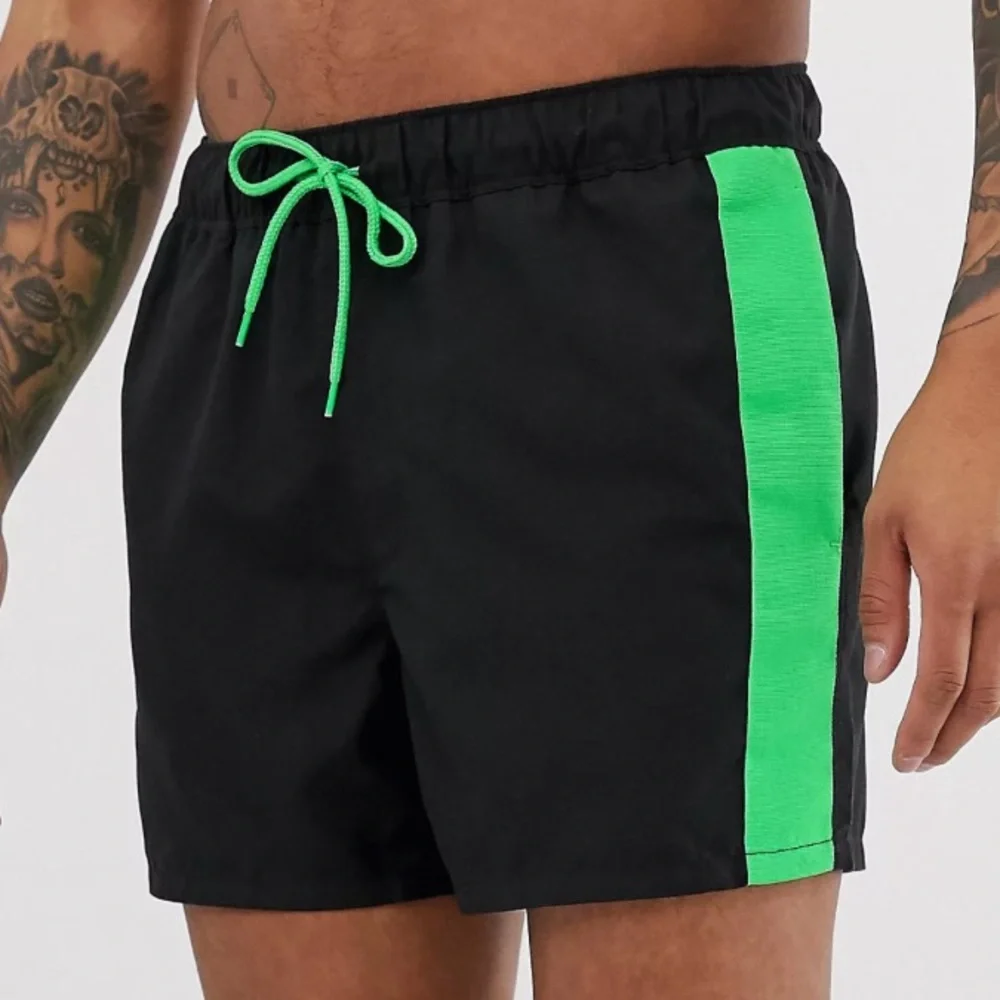 Asos Swim‎ Shorts Black Green Neon Side Stripe Short Length Stretch Waist